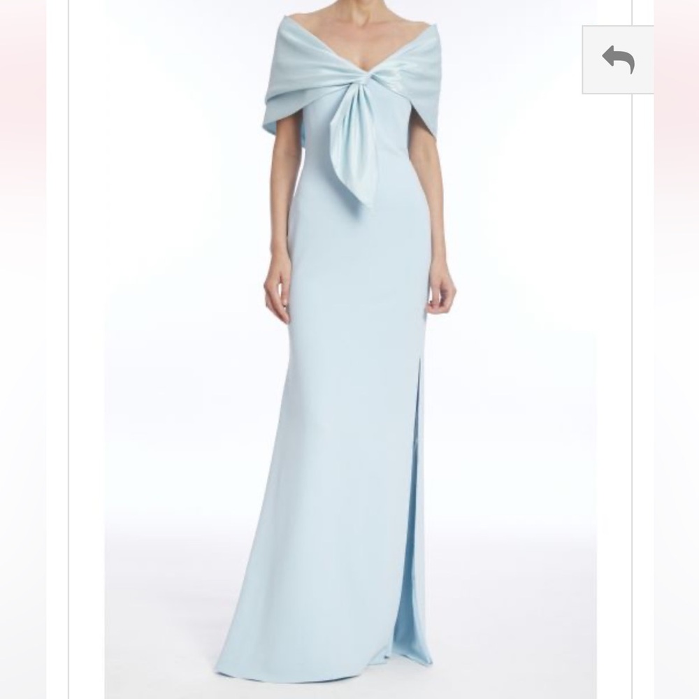 Badgley mischka Off Shoulder Column Gown with Tie Wrap color azure